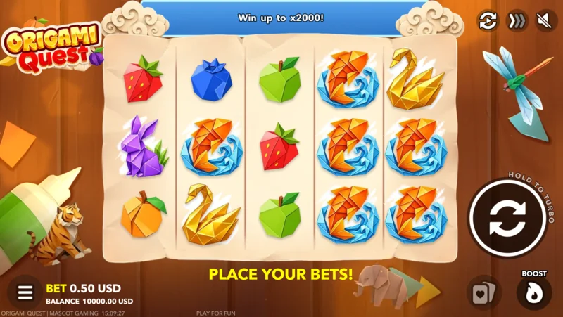 Origami Quest - spillskjerm med innsatspanel og Boost-knapp